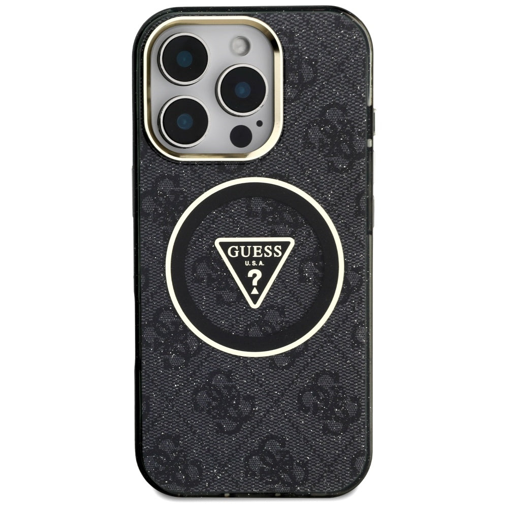 Custodia MagSafe per Apple iPhone 16 Pro Max, Guess, IML Glitter 4G Circle Triangle, Nera