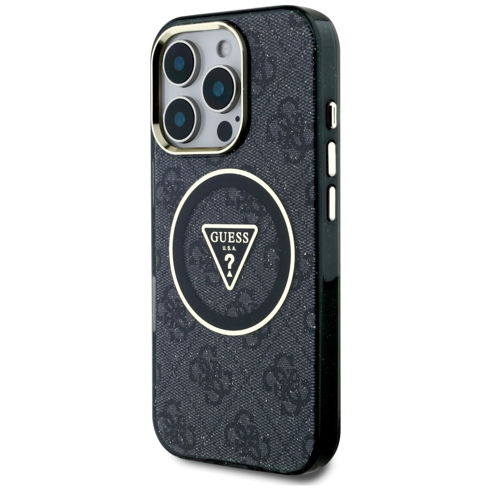 Custodia MagSafe per Apple iPhone 16 Pro Max, Guess, IML Glitter 4G Circle Triangle, Nera