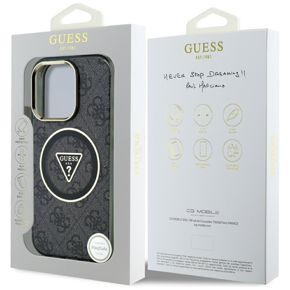 Custodia MagSafe per Apple iPhone 16 Pro Max, Guess, IML Glitter 4G Circle Triangle, Nera
