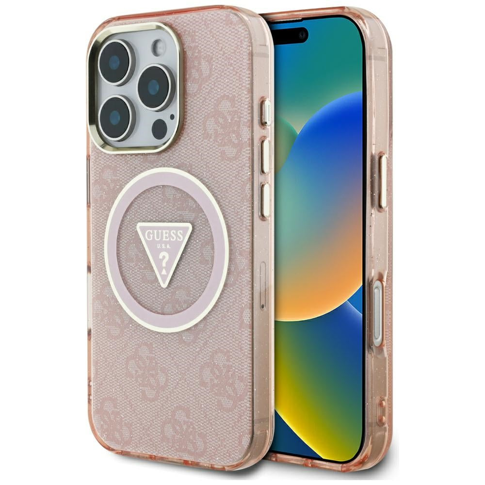 Custodia MagSafe per Apple iPhone 16 Pro Max, Guess, IML Glitter 4G Circle Triangle, Rosa
