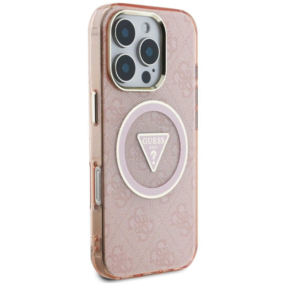 Custodia MagSafe per Apple iPhone 16 Pro Max, Guess, IML Glitter 4G Circle Triangle, Rosa