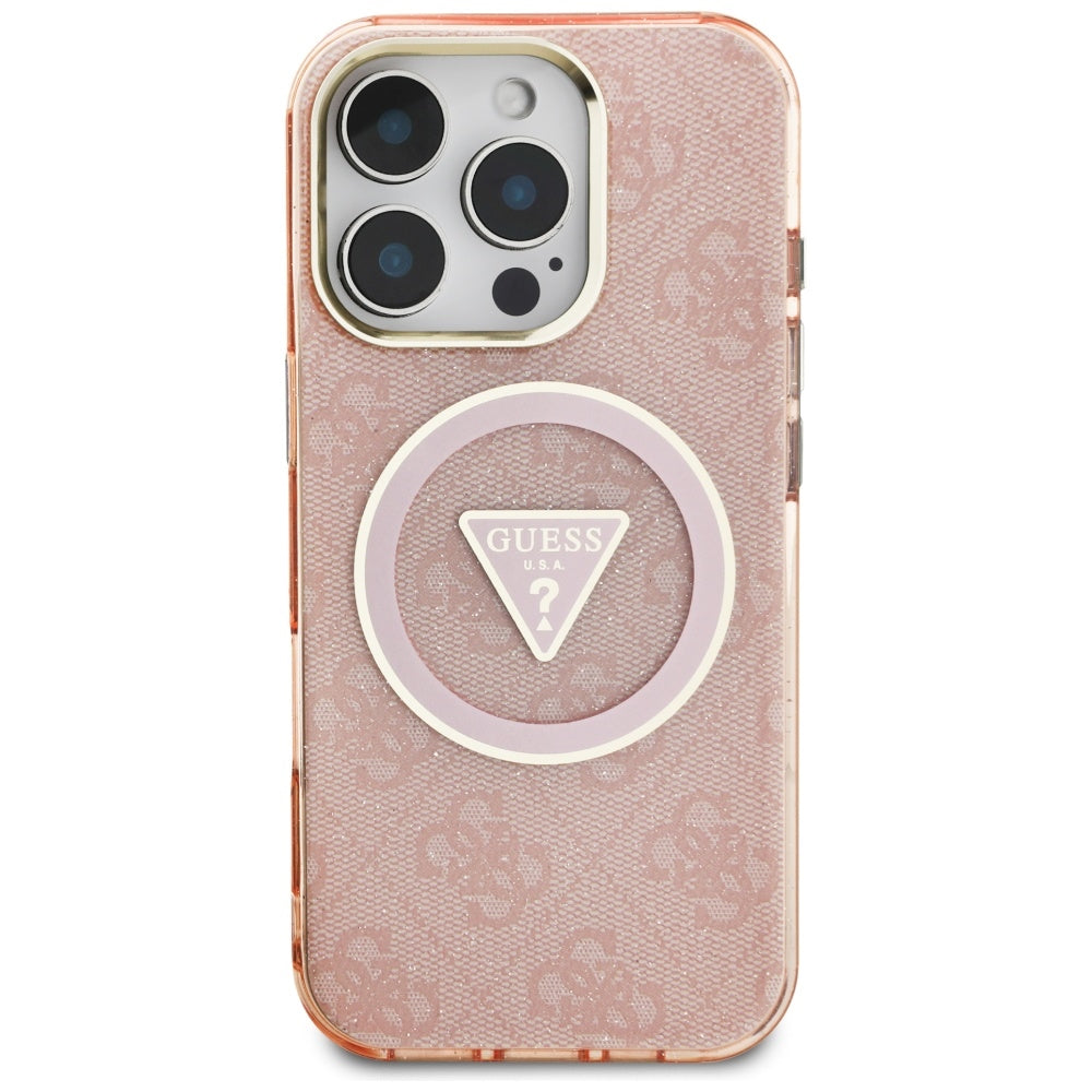 Custodia MagSafe per Apple iPhone 16 Pro Max, Guess, IML Glitter 4G Circle Triangle, Rosa