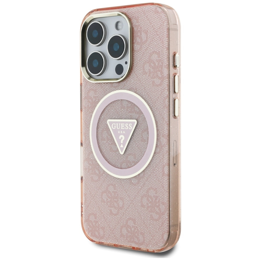 Custodia MagSafe per Apple iPhone 16 Pro Max, Guess, IML Glitter 4G Circle Triangle, Rosa