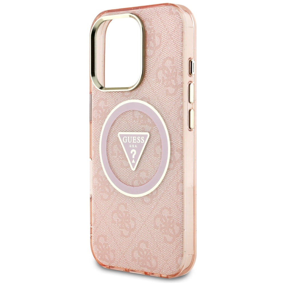 Custodia MagSafe per Apple iPhone 16 Pro Max, Guess, IML Glitter 4G Circle Triangle, Rosa