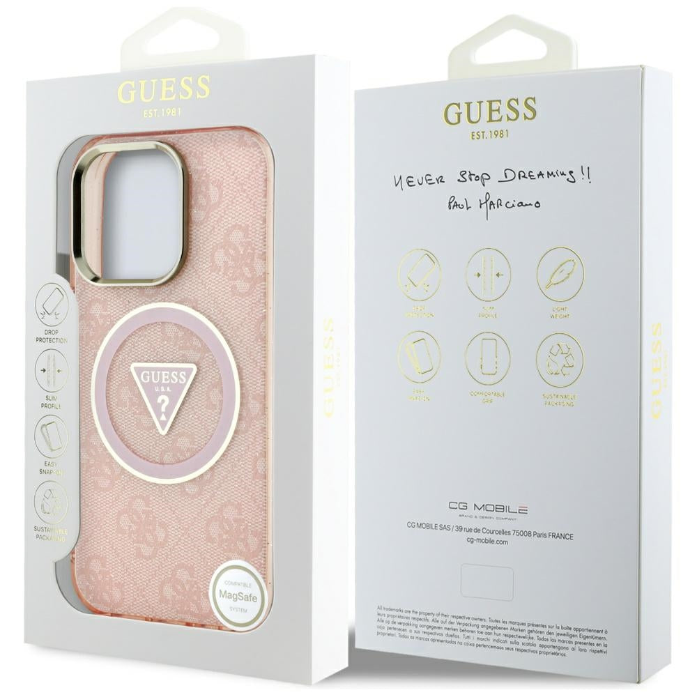 Custodia MagSafe per Apple iPhone 16 Pro Max, Guess, IML Glitter 4G Circle Triangle, Rosa