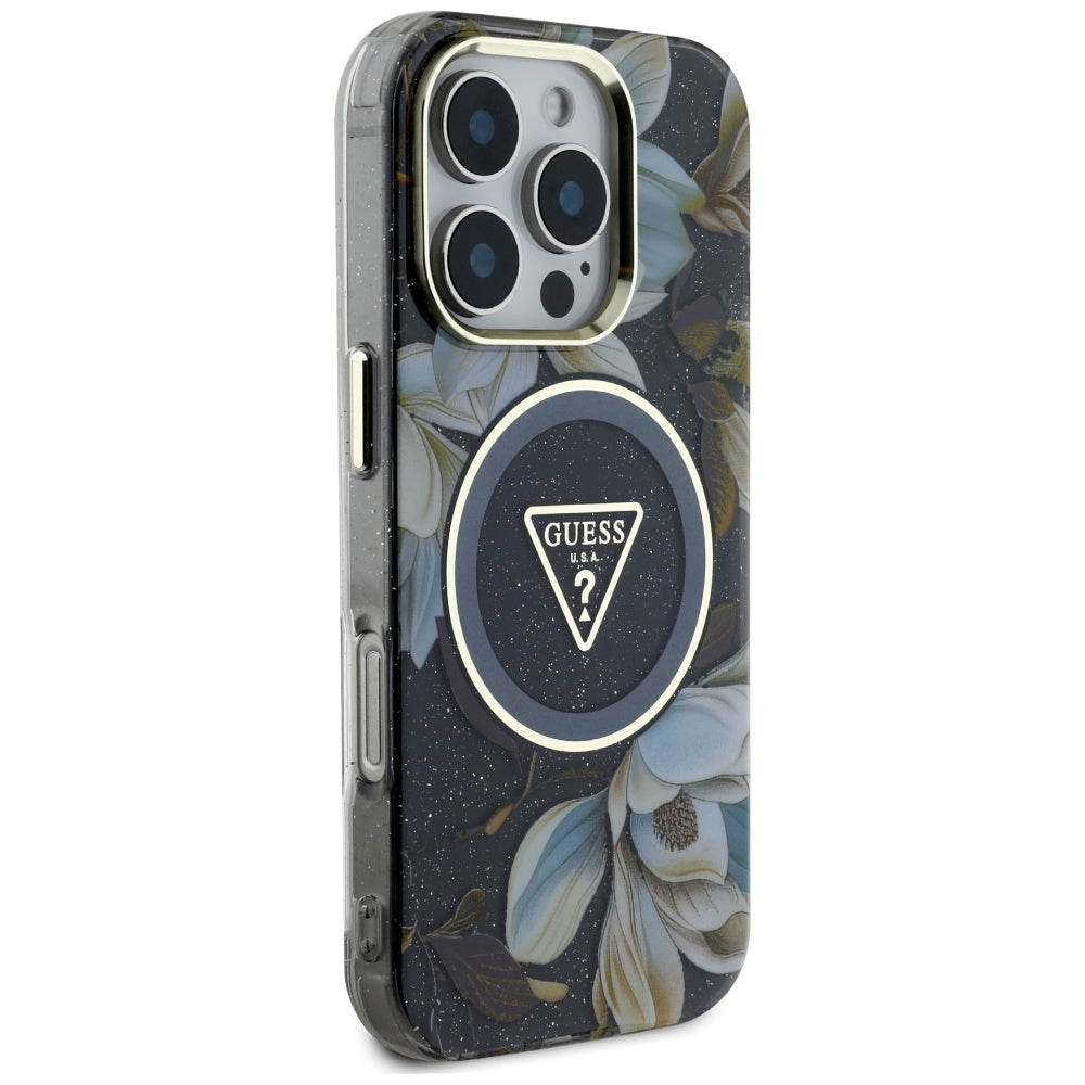 Custodia MagSafe per Apple iPhone 16 Pro Max, Guess, IML Metal Glitter Flowers Triangle, Nera