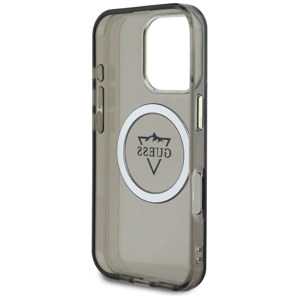 Custodia MagSafe per Apple iPhone 16 Pro Max, Guess, IML Metal Mountain Logo, Nera