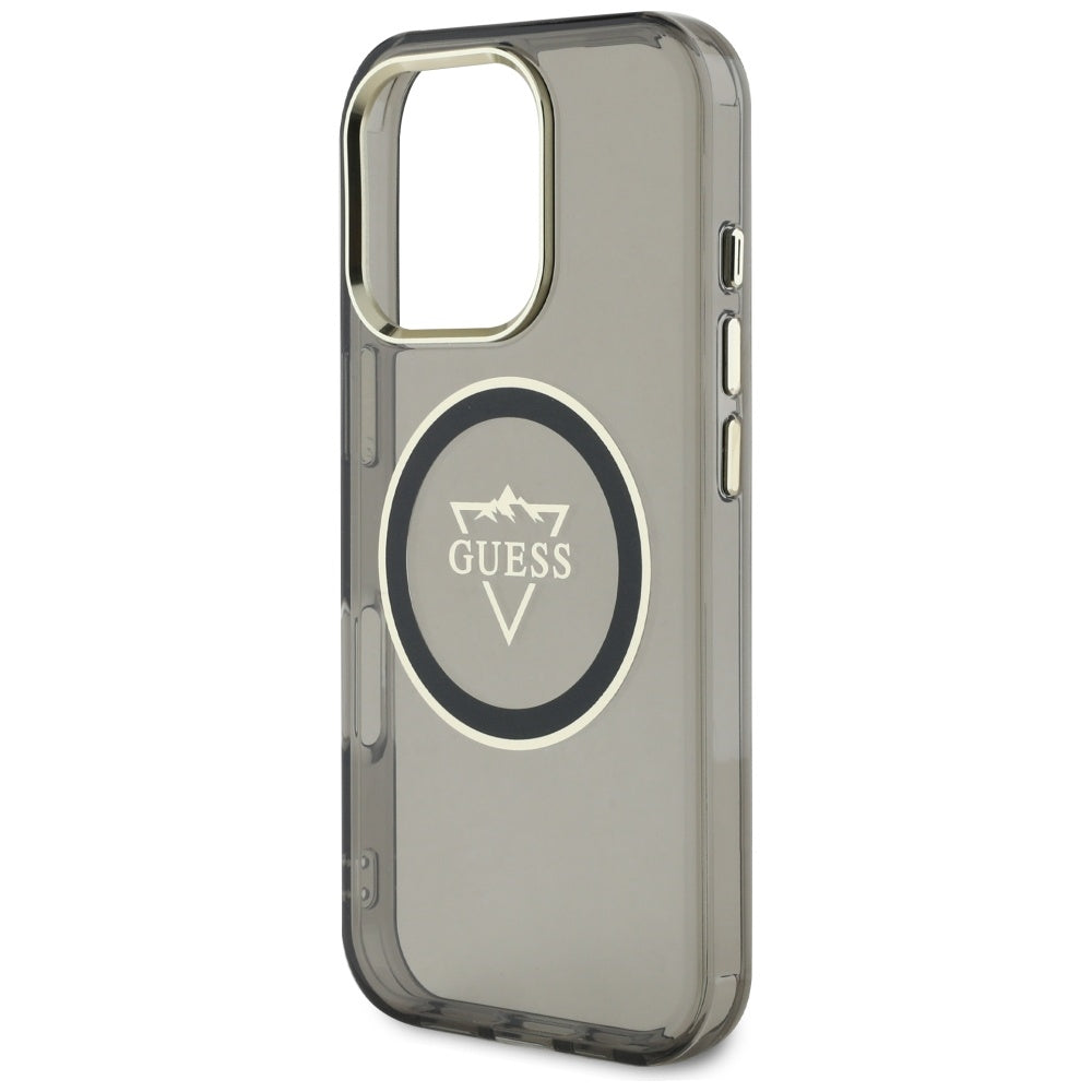 Custodia MagSafe per Apple iPhone 16 Pro Max, Guess, IML Metal Mountain Logo, Nera