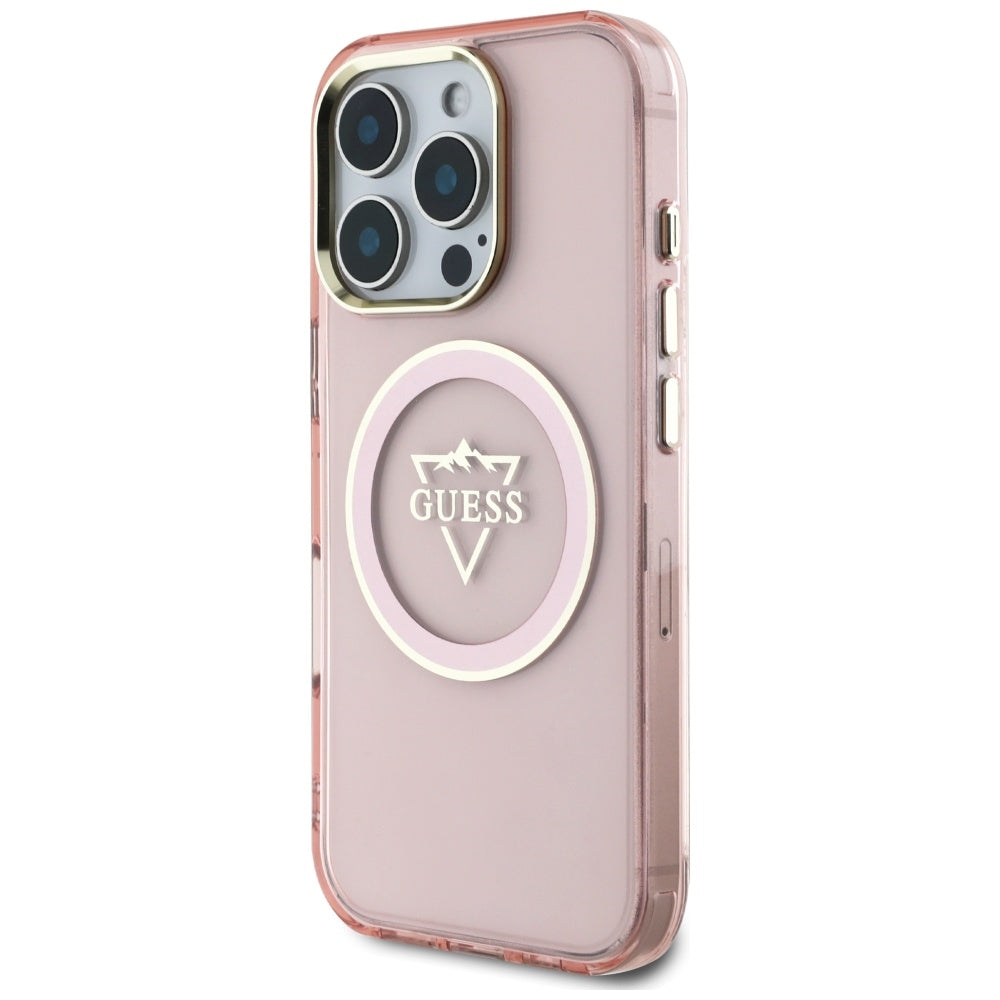 Custodia MagSafe per Apple iPhone 16 Pro Max, Guess, IML Metal Mountain Logo, Rosa