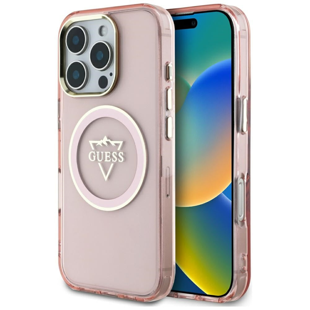 Custodia MagSafe per Apple iPhone 16 Pro Max, Guess, IML Metal Mountain Logo, Rosa