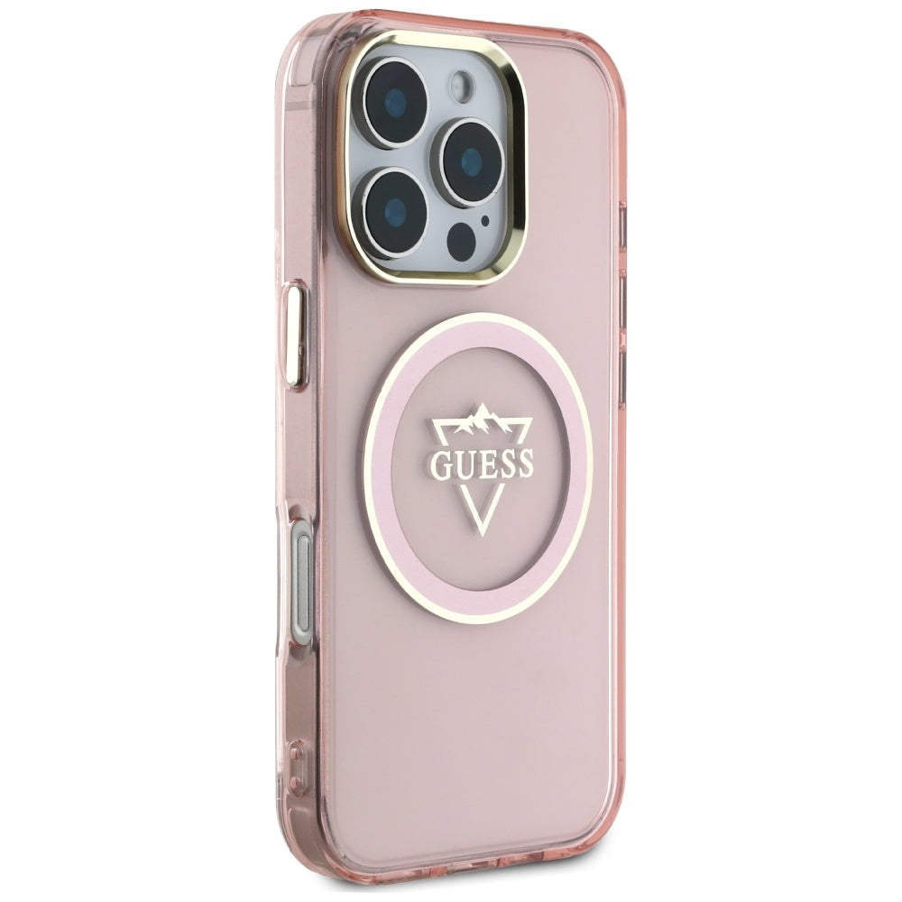 Custodia MagSafe per Apple iPhone 16 Pro Max, Guess, IML Metal Mountain Logo, Rosa