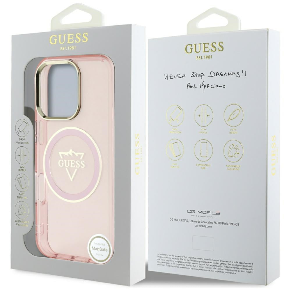 Custodia MagSafe per Apple iPhone 16 Pro Max, Guess, IML Metal Mountain Logo, Rosa