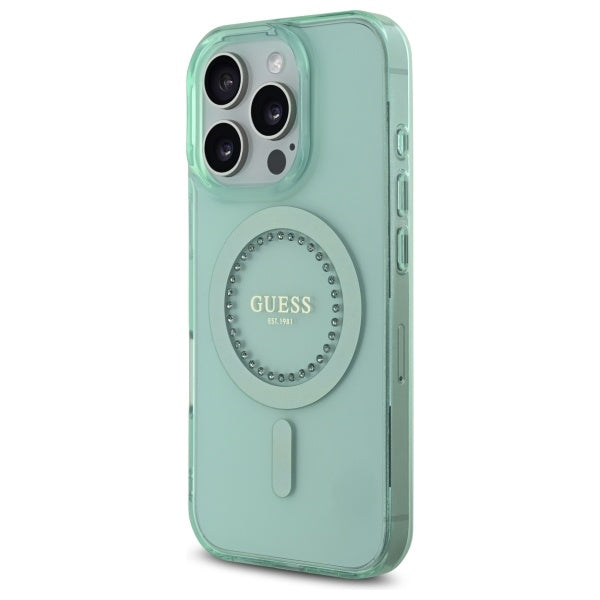 Custodia MagSafe per Apple iPhone 16 Pro Max, Guess, IML Rhinestone, Verde