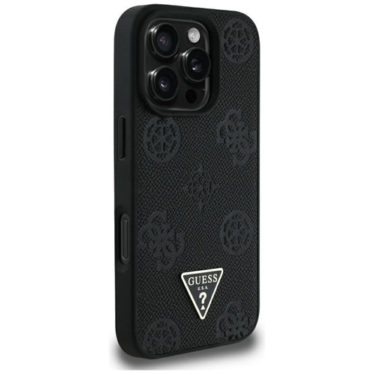 Custodia MagSafe per Apple iPhone 16 Pro Max, Guess, Peony Grained Hot Stamp Triangle, Nera