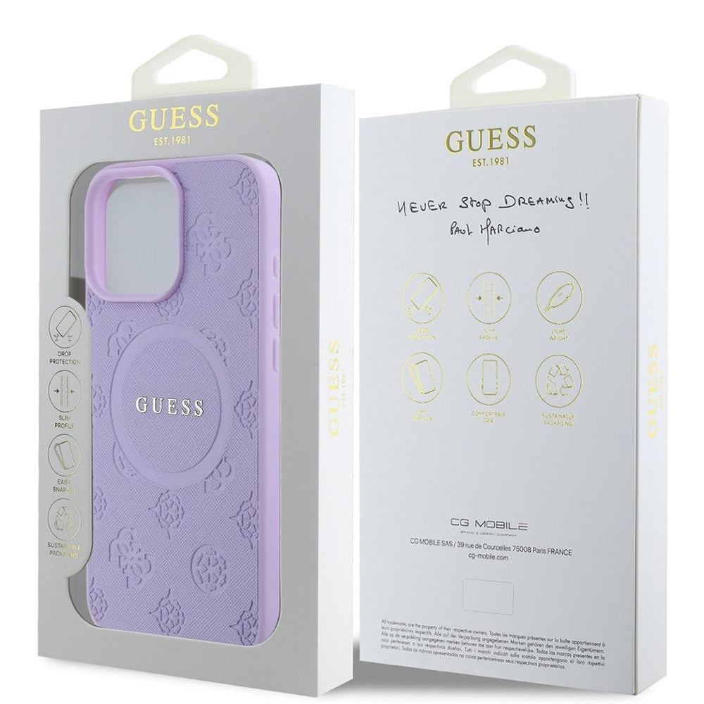 Custodia MagSafe per Apple iPhone 16 Pro Max, Guess, Saffiano Peony Classic Logo, Viola