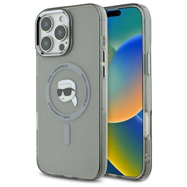 MagSafe Case for Apple iPhone 16 Pro Max, Karl Lagerfeld, IML Metal Karl's Head, Black