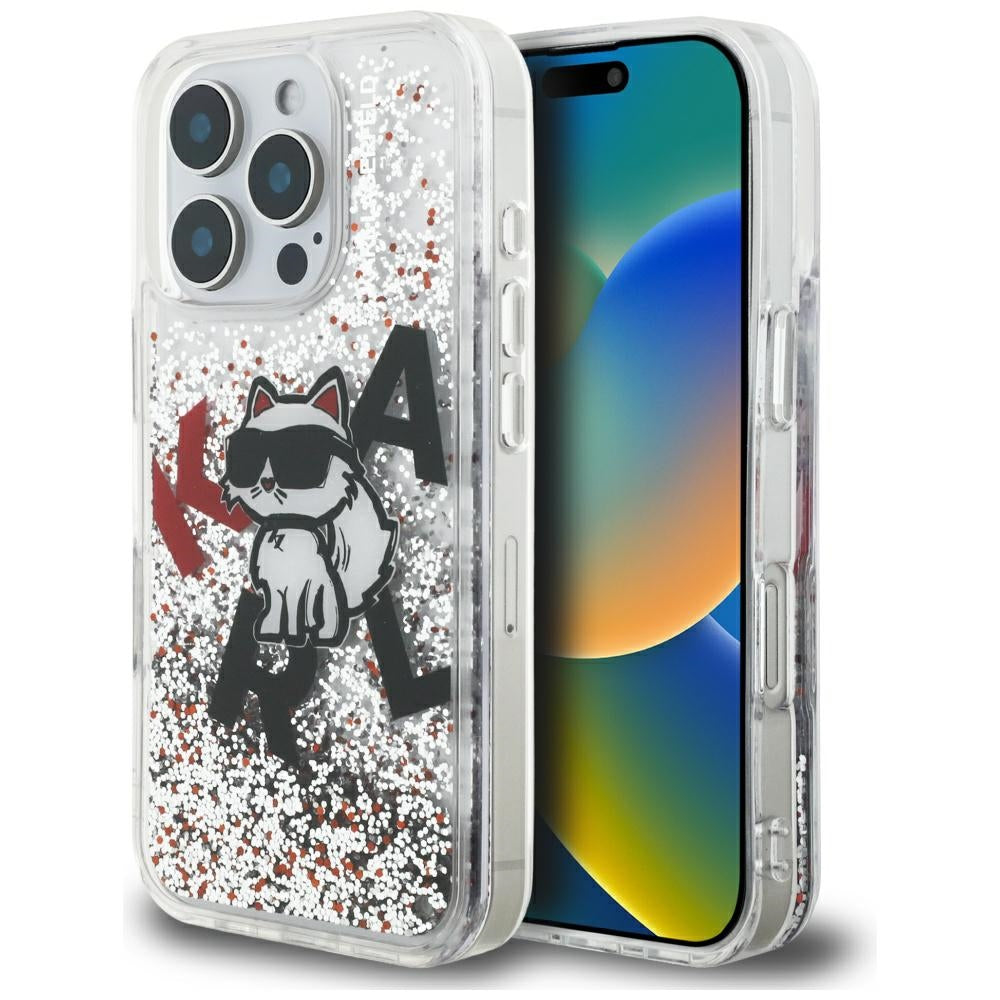 Custodia MagSafe per Apple iPhone 16 Pro Max, Karl Lagerfeld, Liquid Glitter Choupette Logo, Trasparente