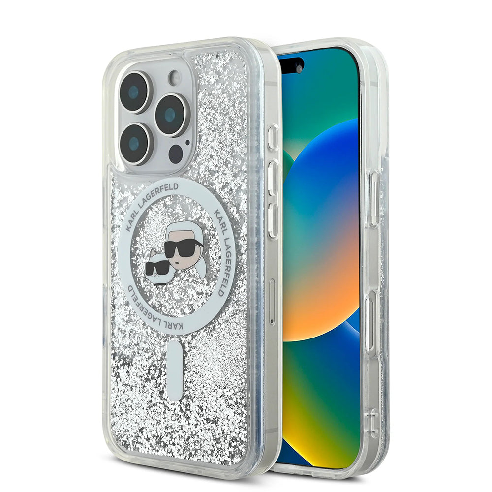 Custodia MagSafe per Apple iPhone 16 Pro Max, Karl Lagerfeld, Liquid Glitter Karl & Choupette's Heads, Trasparente