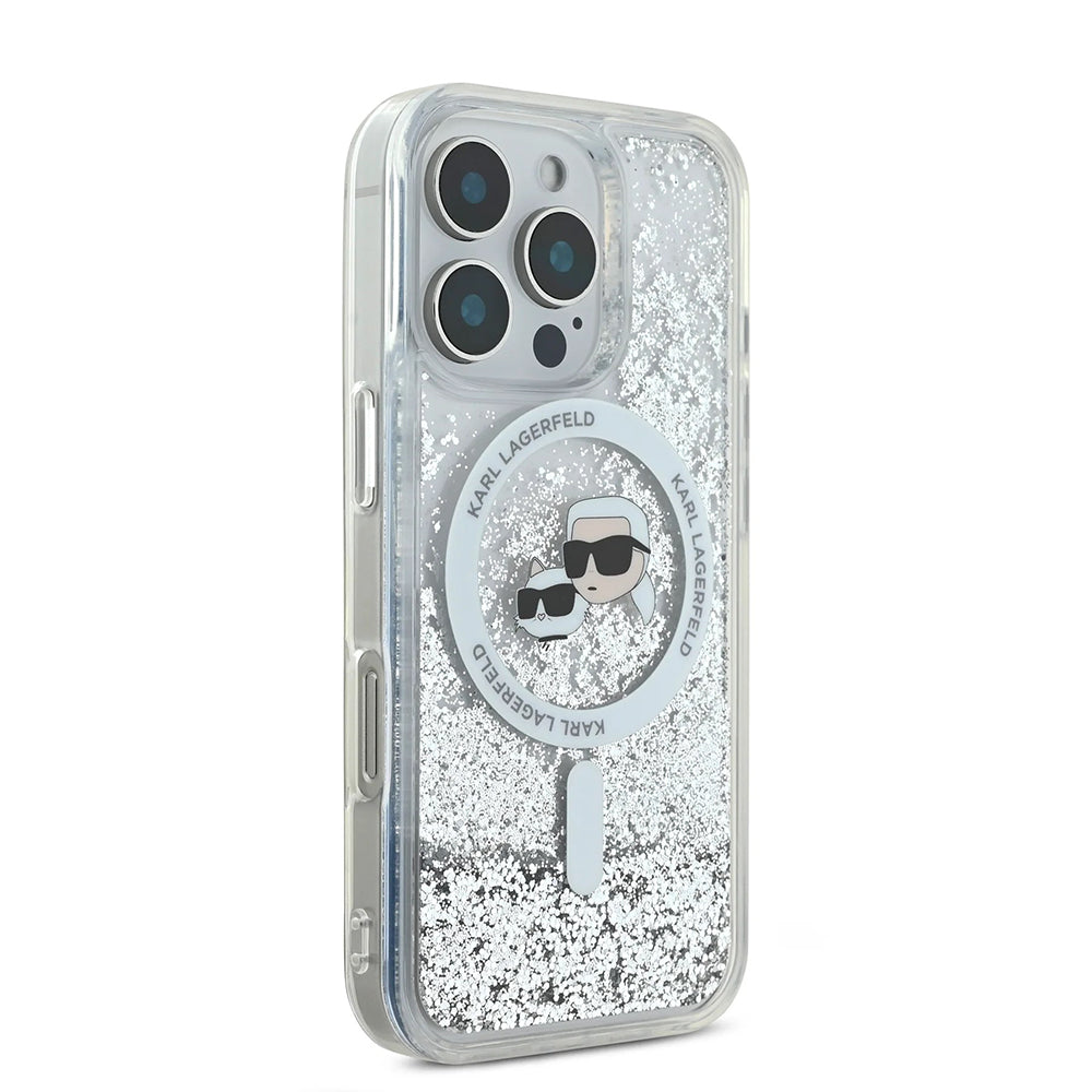 Custodia MagSafe per Apple iPhone 16 Pro Max, Karl Lagerfeld, Liquid Glitter Karl & Choupette's Heads, Trasparente