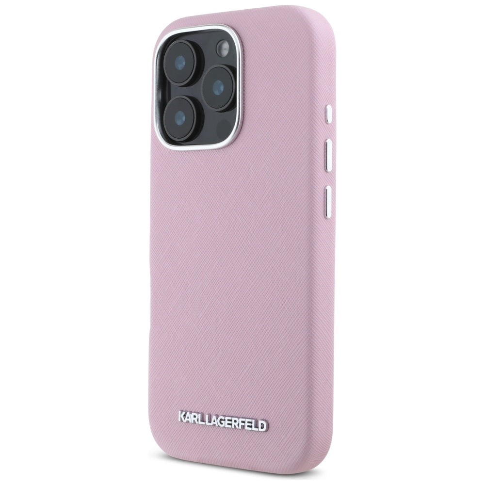 Custodia MagSafe per Apple iPhone 16 Pro Max, Karl Lagerfeld, Saffiano Full Wrapped Elongated Metal Logo, Rosa