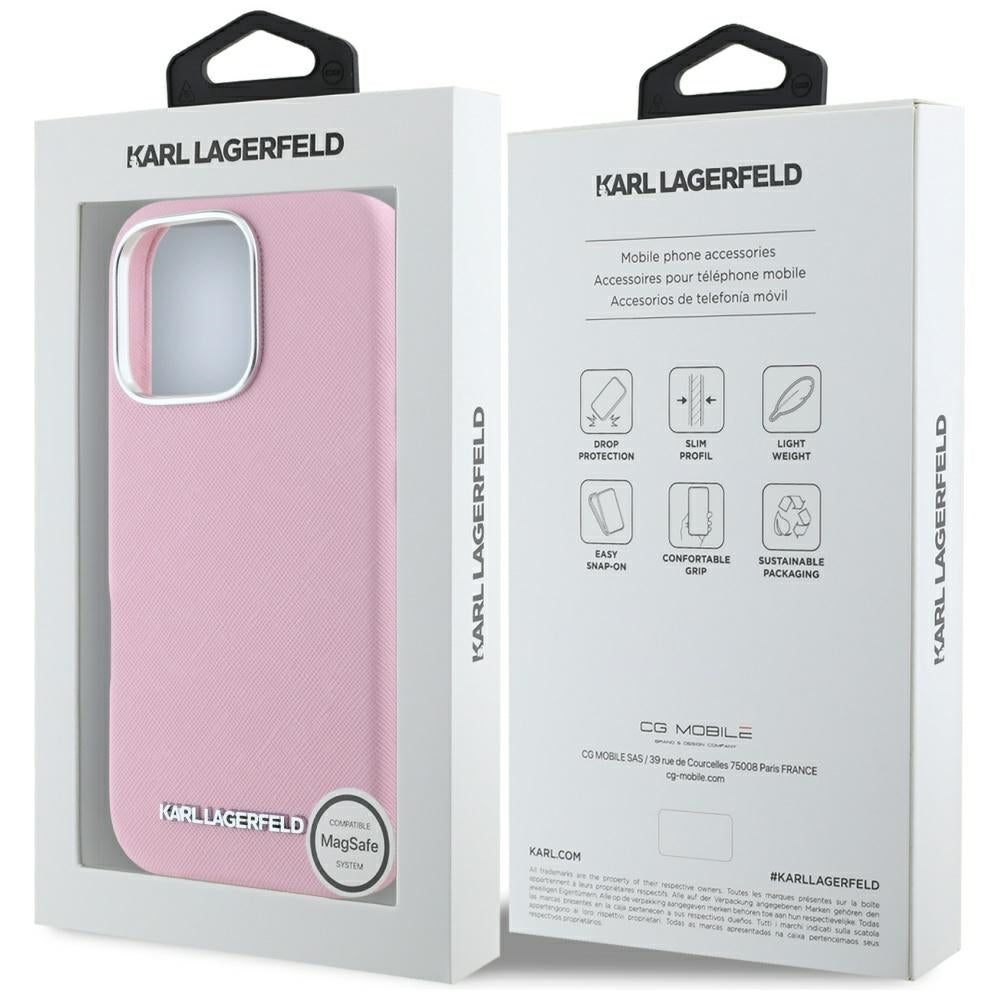 Custodia MagSafe per Apple iPhone 16 Pro Max, Karl Lagerfeld, Saffiano Full Wrapped Elongated Metal Logo, Rosa