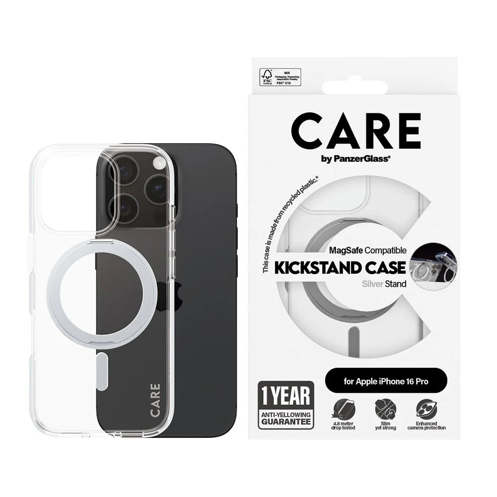 Custodia MagSafe per Apple iPhone 16 Pro, PanzerGlass, con Supporto Kickstand, Trasparente Argentata