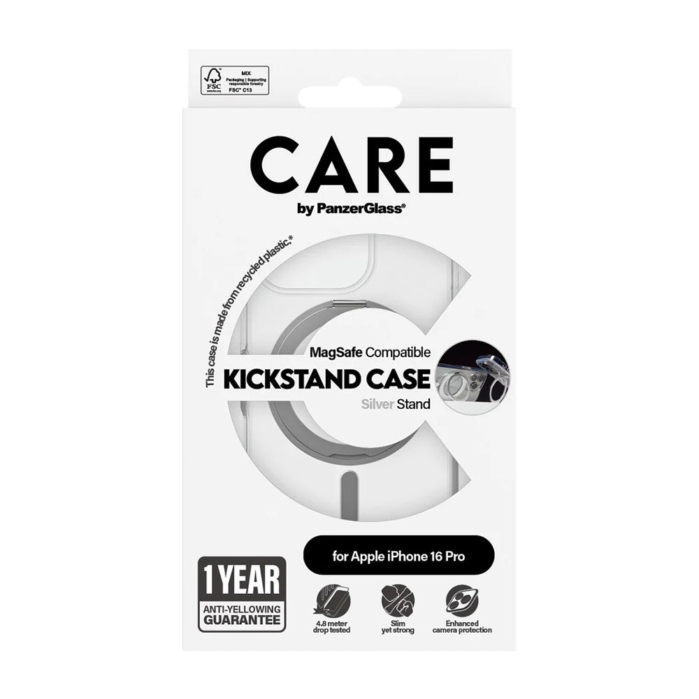 Custodia MagSafe per Apple iPhone 16 Pro, PanzerGlass, con Supporto Kickstand, Trasparente Argentata