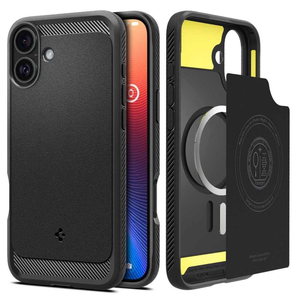 Custodia MagSafe per Apple iPhone 16, Spigen, Rugged Armor, Nero Opaco