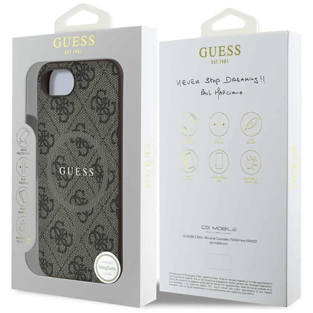 Custodia MagSafe per Apple iPhone 17e / 16e, Guess, 4G Ring Classic Logo, Marrone