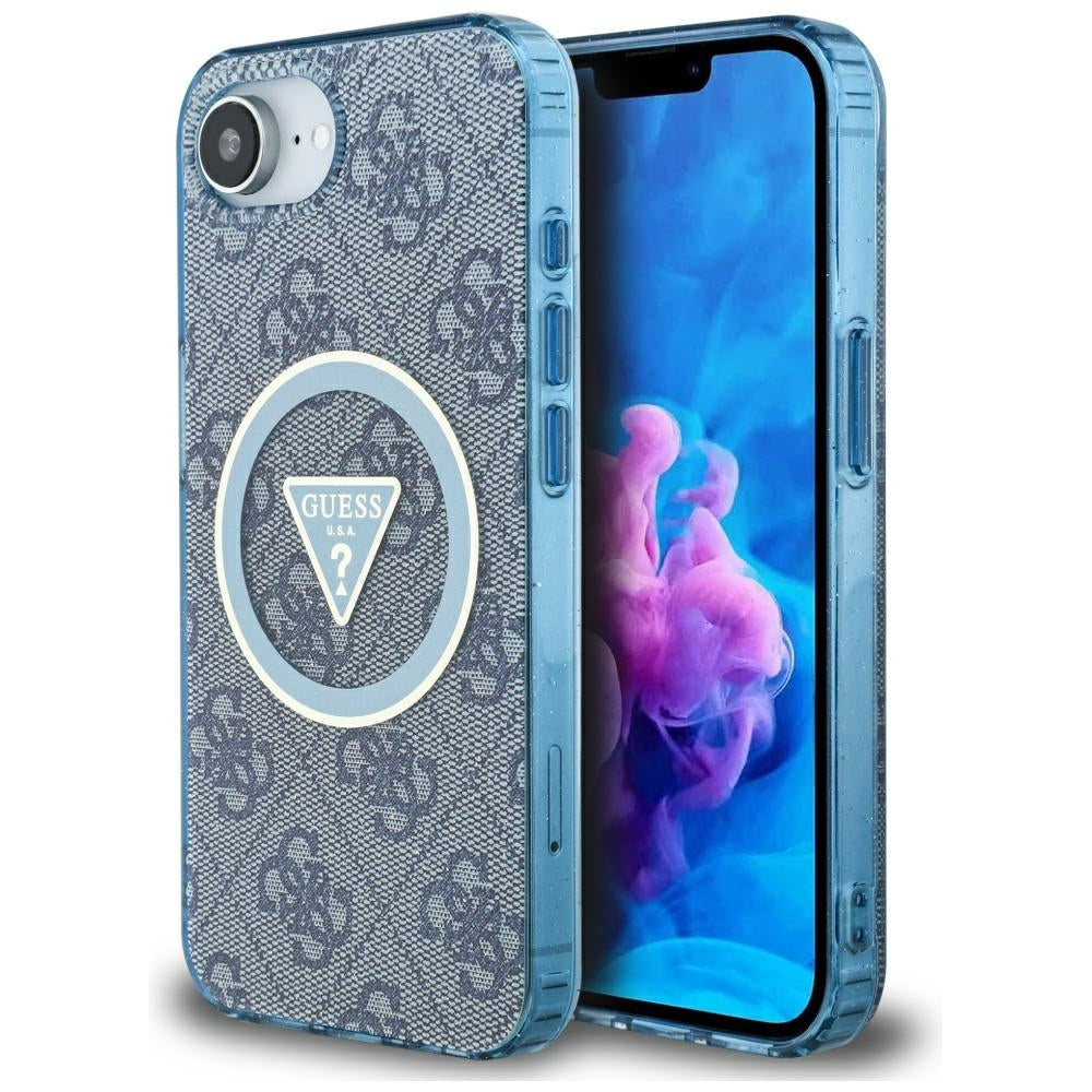 Custodia MagSafe per Apple iPhone 17e / 16e, Guess, IML Glitter 4G Circle Triangle, Blu