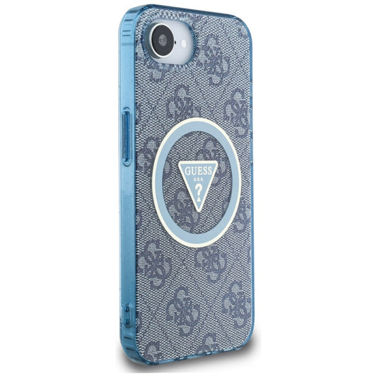 Custodia MagSafe per Apple iPhone 16e, Guess, IML Glitter 4G Circle Triangle, Blu