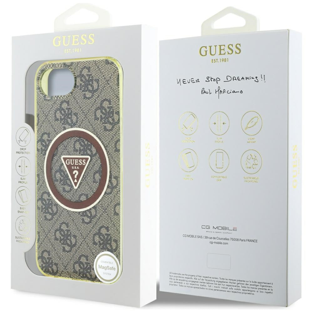 Custodia MagSafe per Apple iPhone 17e / 16e, Guess, IML Glitter 4G Circle Triangle, Marrone