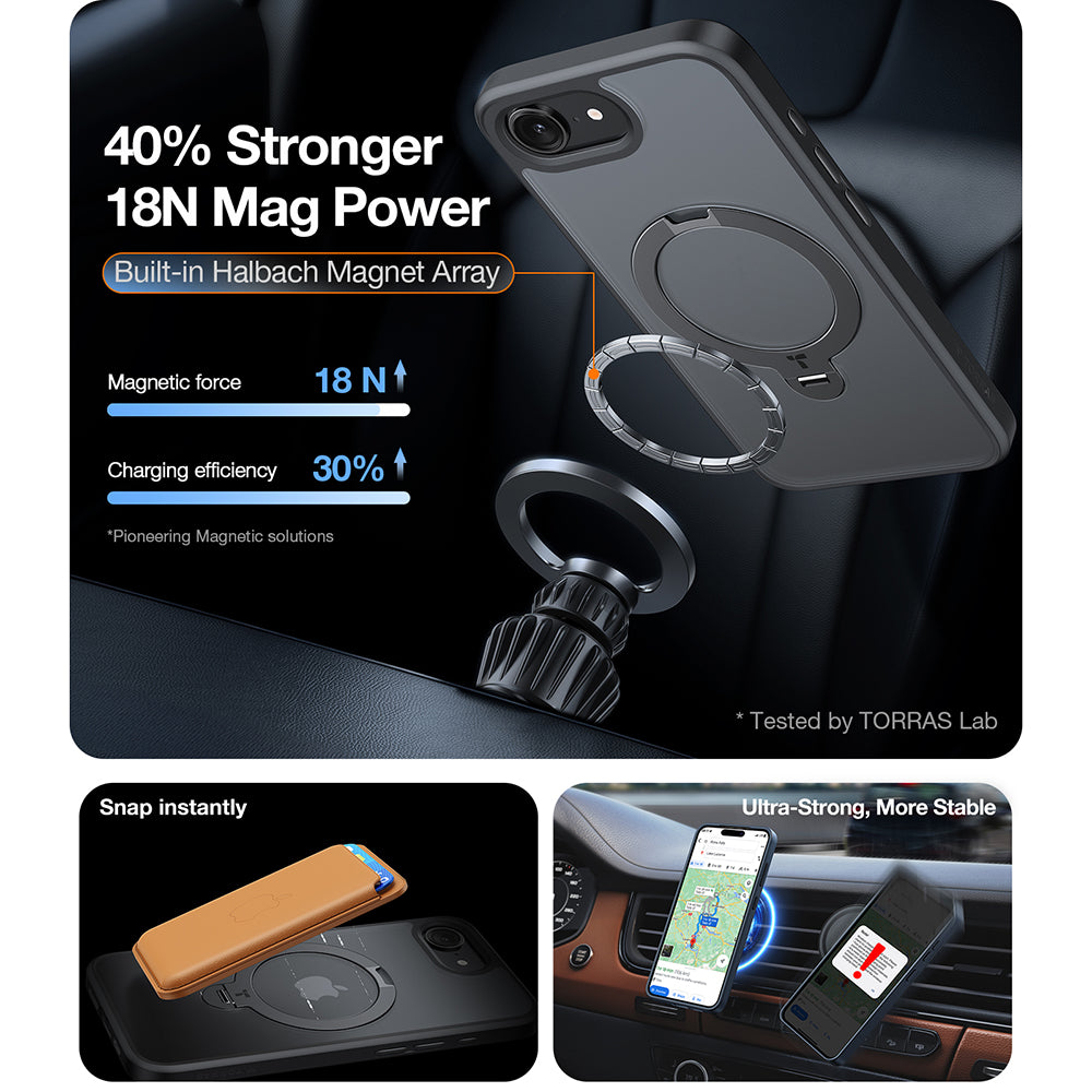 Custodia MagSafe per Apple iPhone 17e / 16e, Torras, Ostand Spin, Nera
