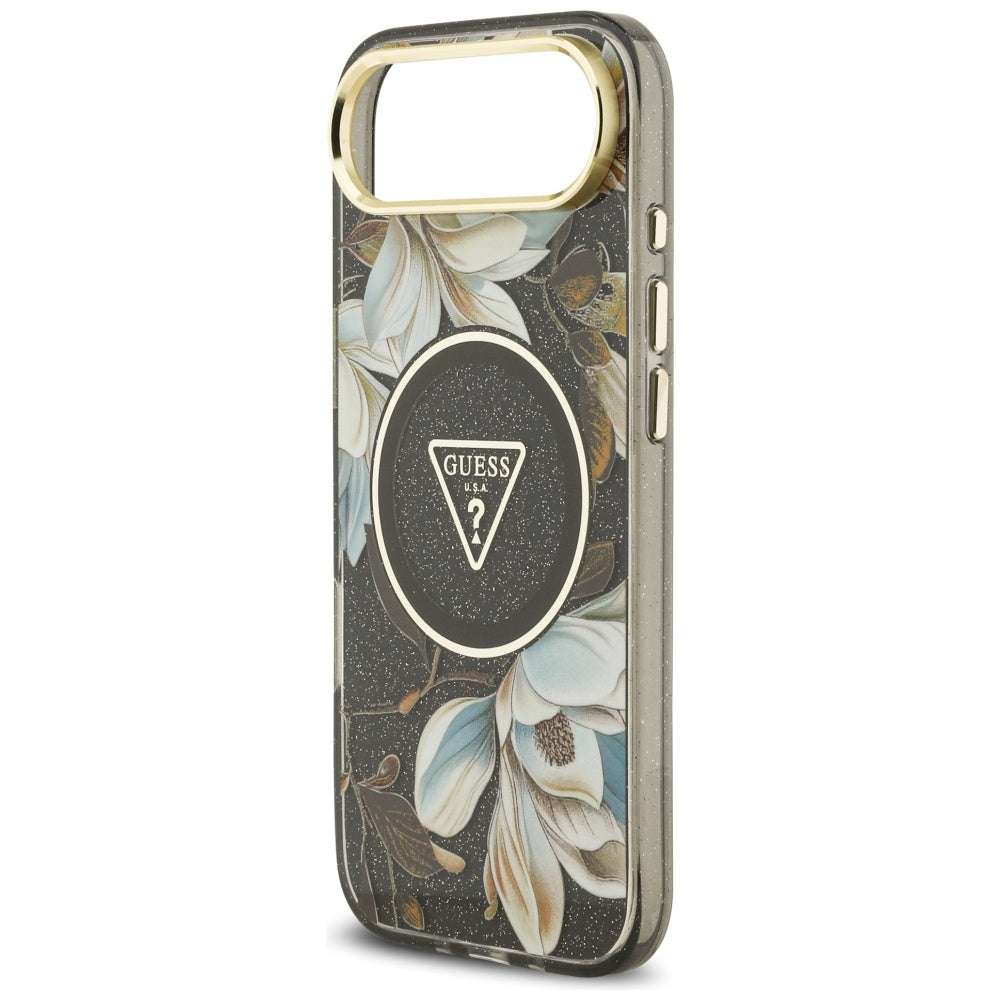 Custodia MagSafe per Apple iPhone 17 Air, Guess, IML Metal Glitter Flowers Triangle, Nera