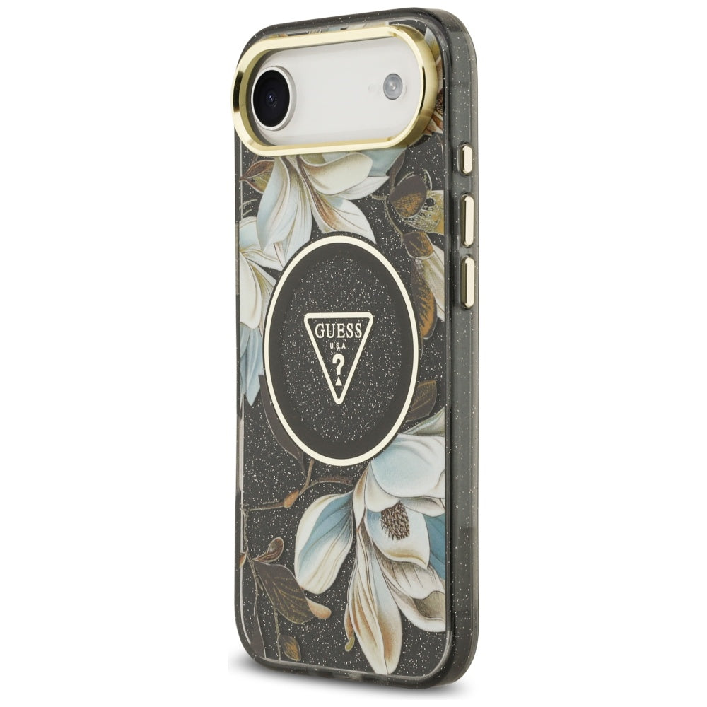 Custodia MagSafe per Apple iPhone 17 Air, Guess, IML Metal Glitter Flowers Triangle, Nera