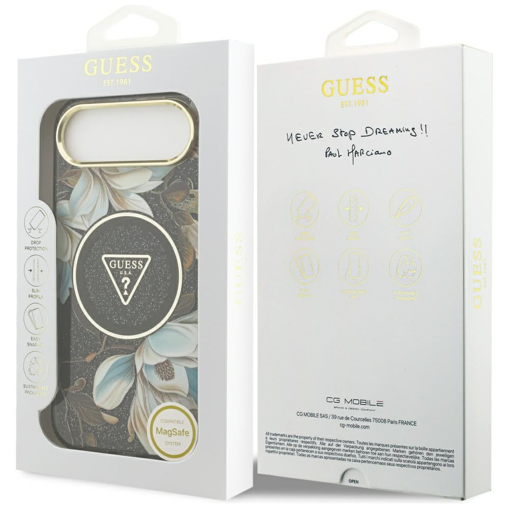 Custodia MagSafe per Apple iPhone 17 Air, Guess, IML Metal Glitter Flowers Triangle, Nera