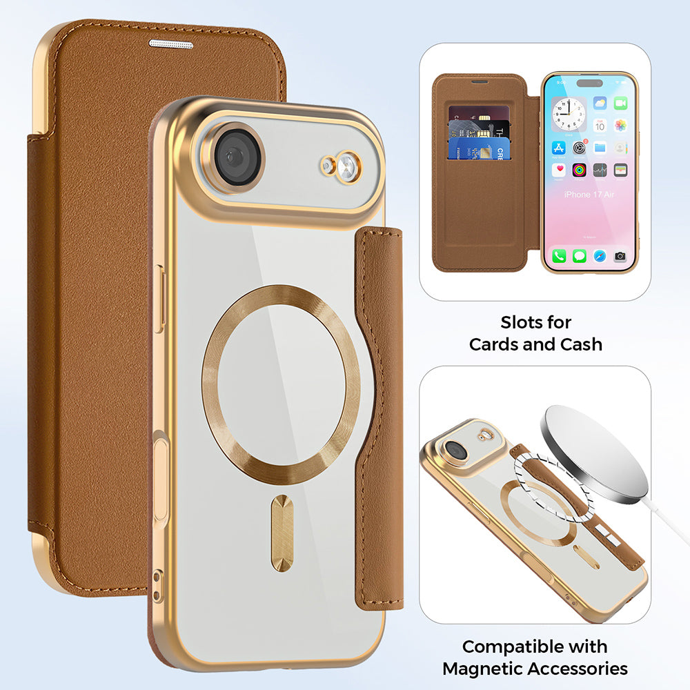 Custodia MagSafe per Apple iPhone 17 Air, Techsuit, SmartMag Book, Marrone
