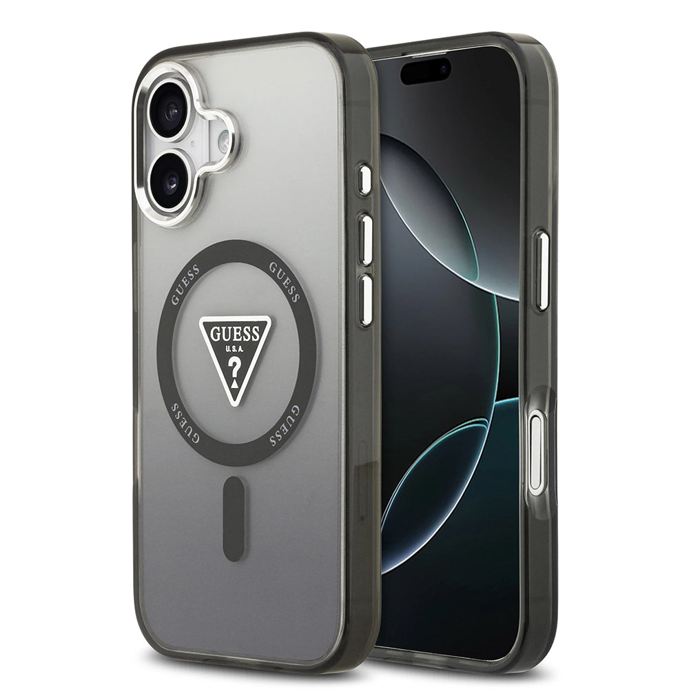 Custodia MagSafe per Apple iPhone 17, Guess, Logo Triangolo Gradiente IML, Nera
