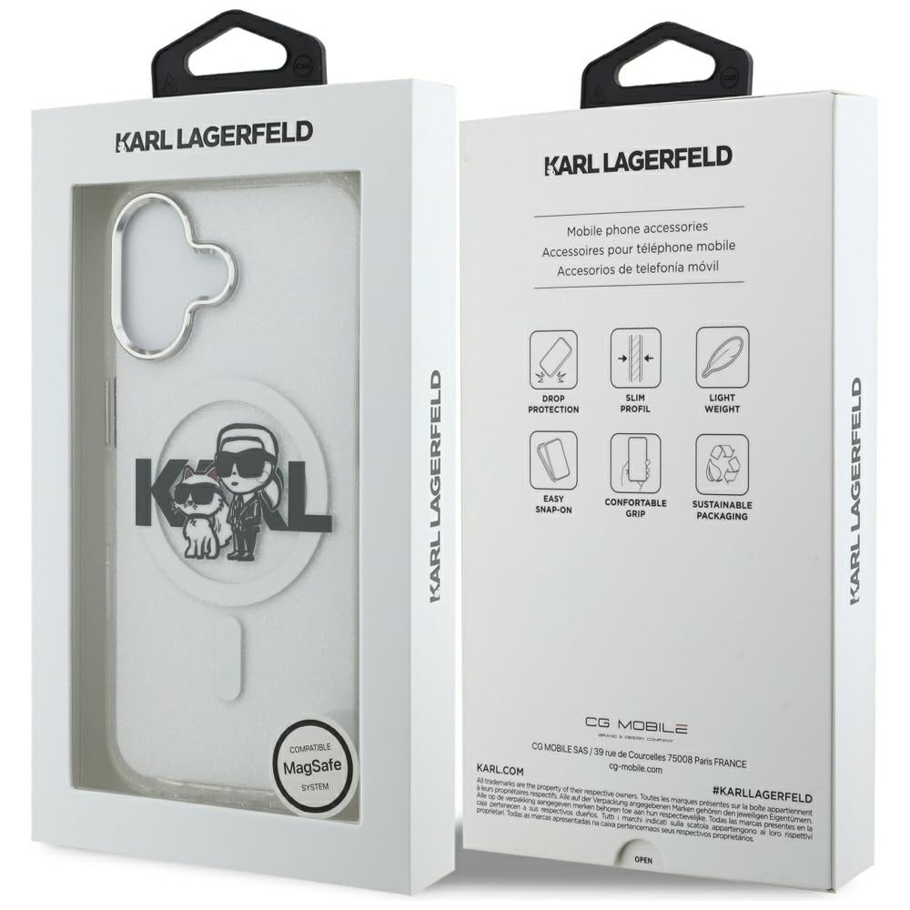 Custodia MagSafe per Apple iPhone 17, Karl Lagerfeld, IML Sketch Logo Glitter Karl & Choupette, Trasparente
