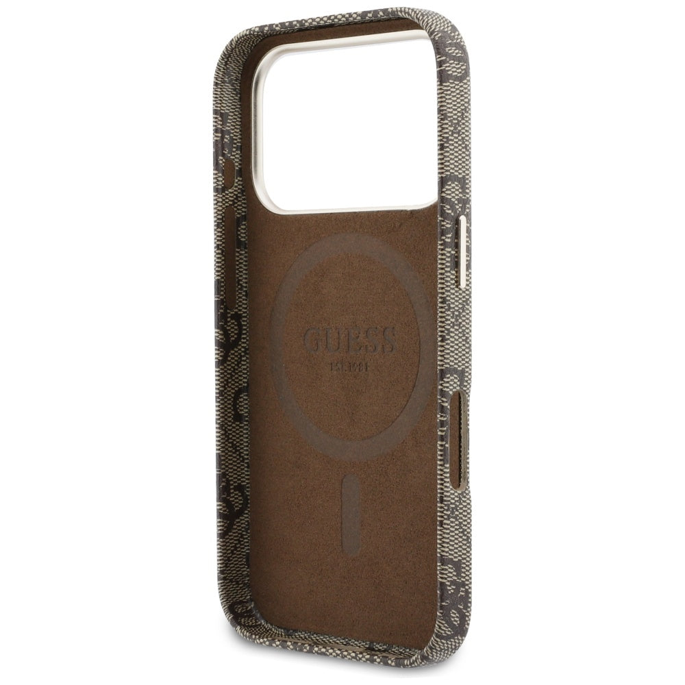Custodia MagSafe per Apple iPhone 17 Pro, Guess, 4G Script Logo, Marrone