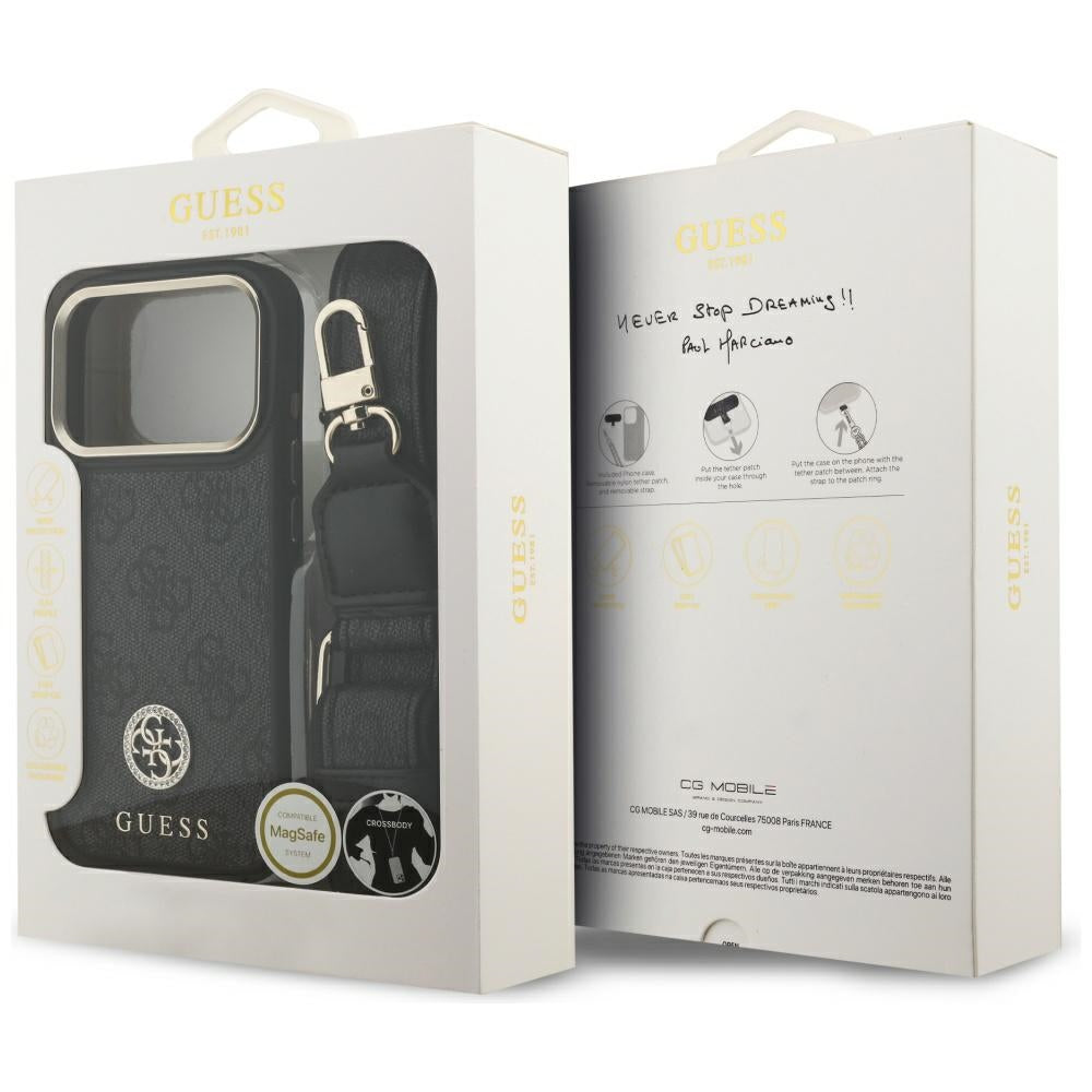 Custodia MagSafe per Apple iPhone 17 Pro, Guess, 4G Strass Logo con Cinturino Grande, Nera