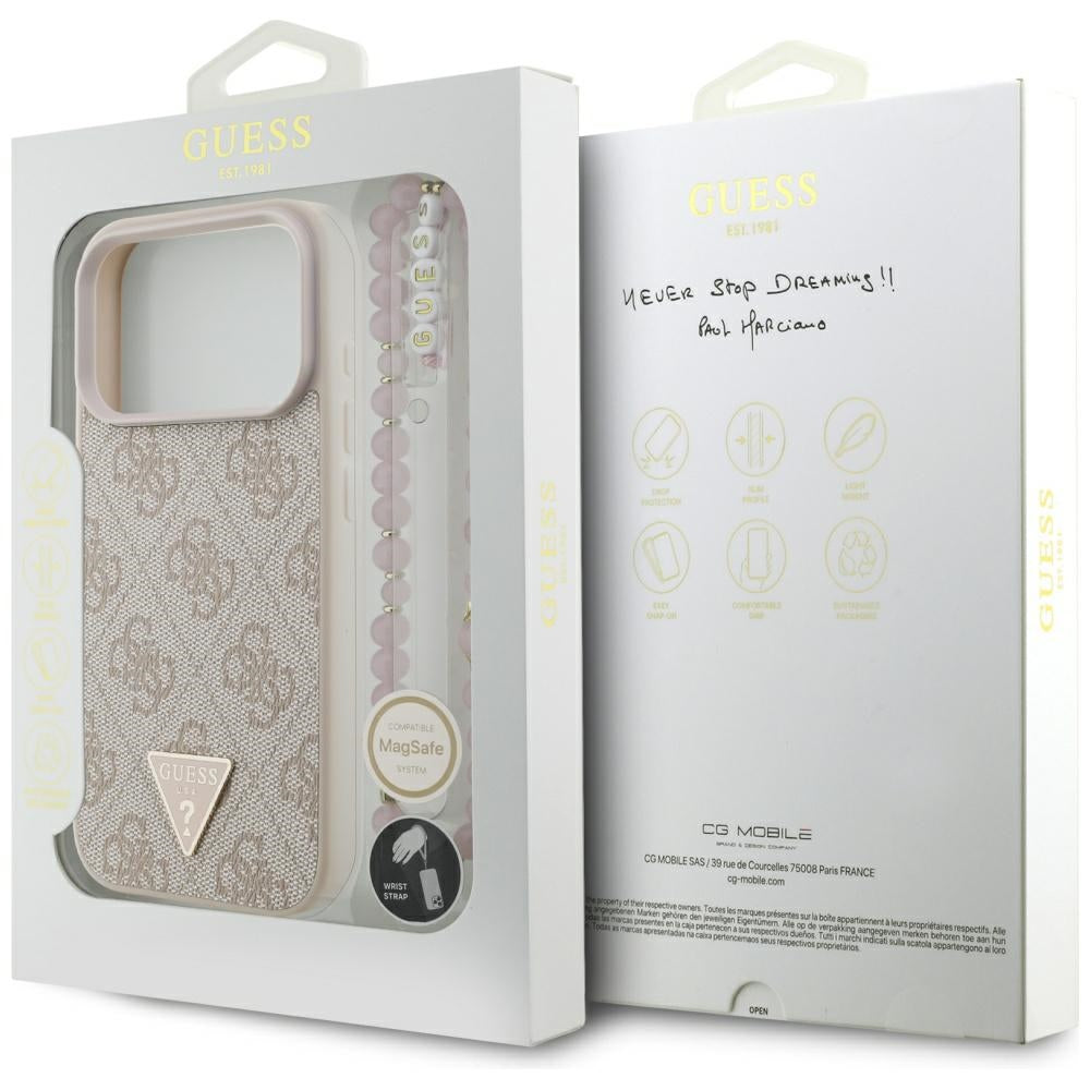 Custodia MagSafe per Apple iPhone 17 Pro, Guess, Logo Triangolo 4G con Cinturino di Perle, Rosa