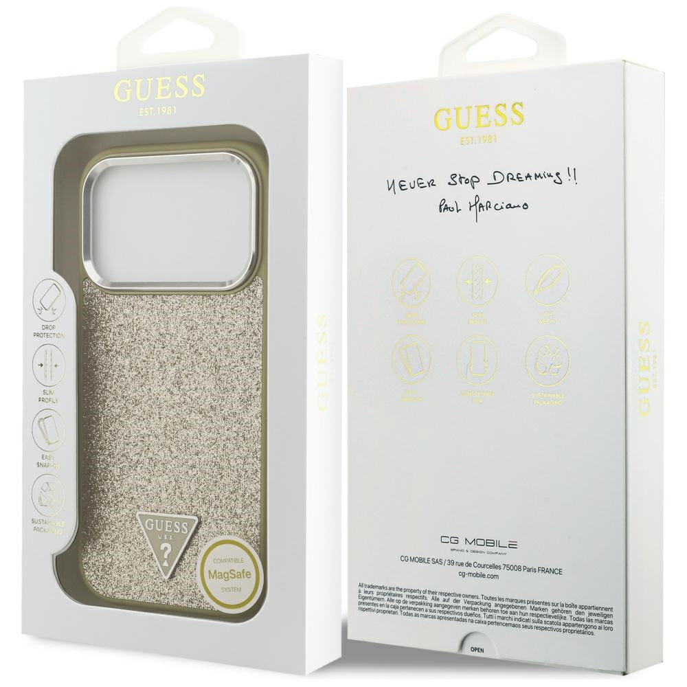 Custodia MagSafe per Apple iPhone 17 Pro, Guess, Glitter Triangle Logo, Dorata