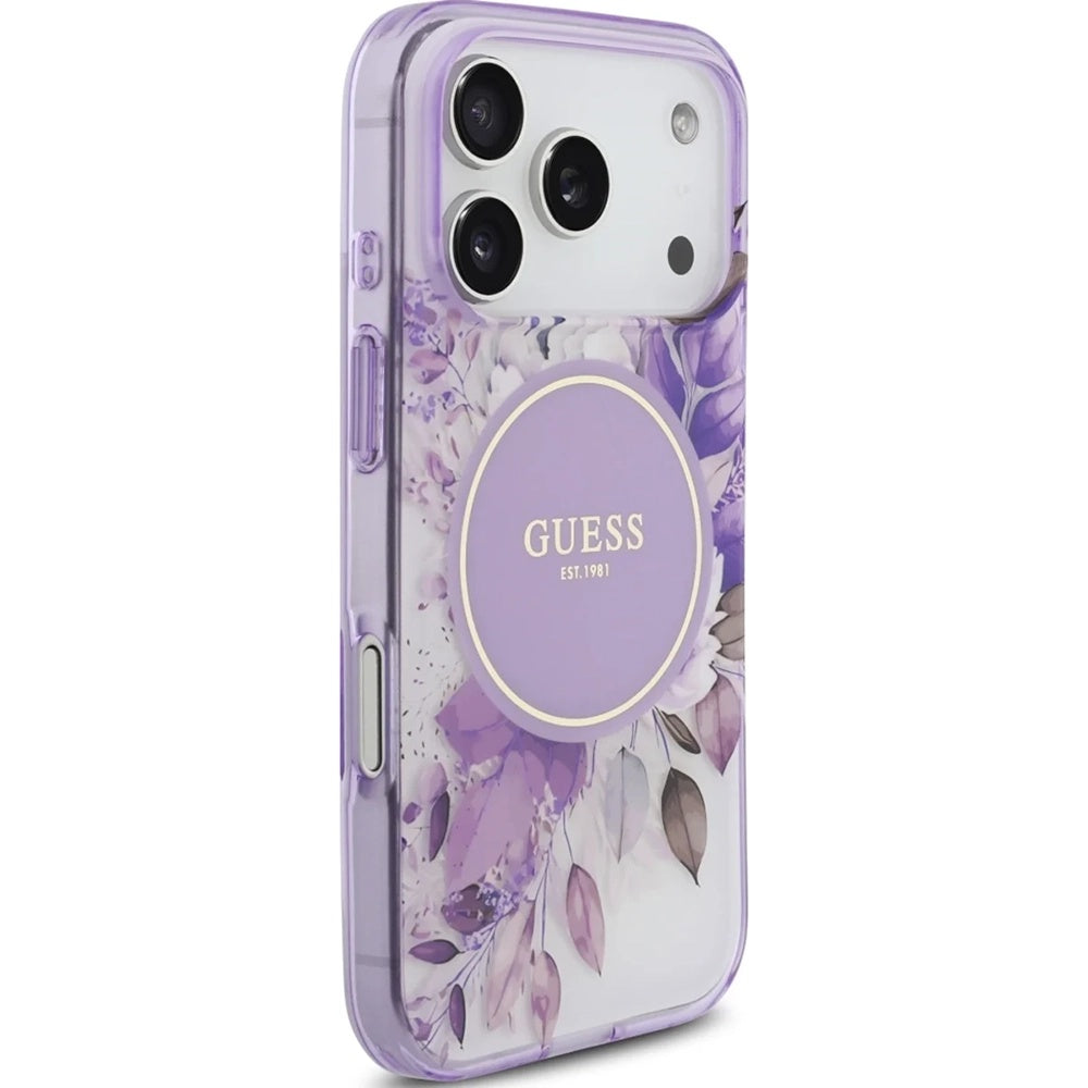 Custodia MagSafe per Apple iPhone 17 Pro, Guess, IML Flower & Tonal Circle, Viola