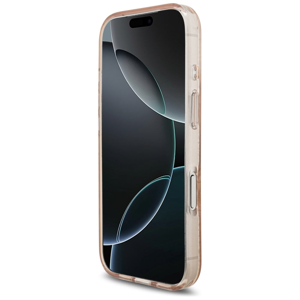 MagSafe Case for Apple iPhone 17 Pro, Guess, IML Flowers Allover Electroplated with Pearl Strap, Pink