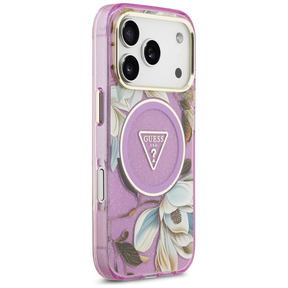 Custodia MagSafe per Apple iPhone 17 Pro, Guess, IML Metal Glitter Flowers Triangle, Viola