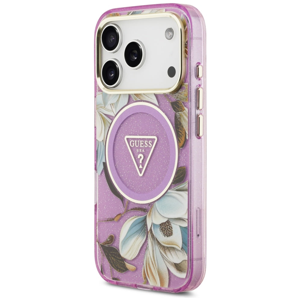 Custodia MagSafe per Apple iPhone 17 Pro, Guess, IML Metal Glitter Flowers Triangle, Viola