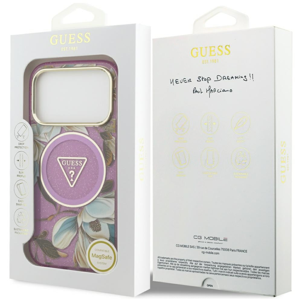Custodia MagSafe per Apple iPhone 17 Pro, Guess, IML Metal Glitter Flowers Triangle, Viola