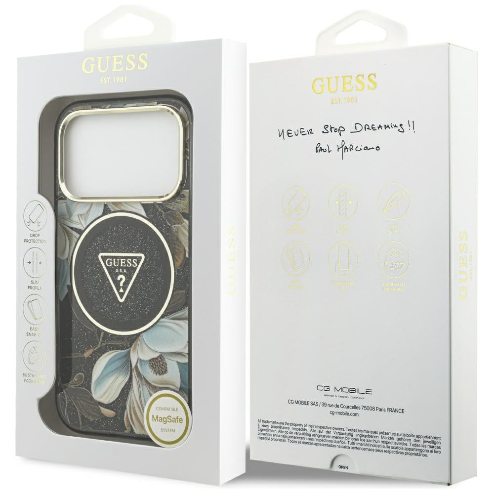 Custodia MagSafe per Apple iPhone 17 Pro, Guess, IML Metal Glitter Flowers Triangle, Nera