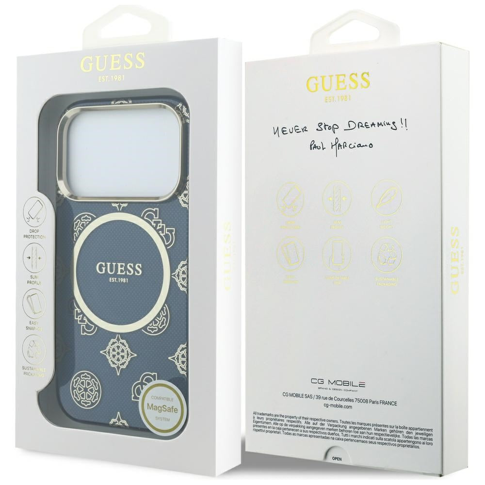 Custodia MagSafe per Apple iPhone 17 Pro, Guess, IML Peony Dot, Blu